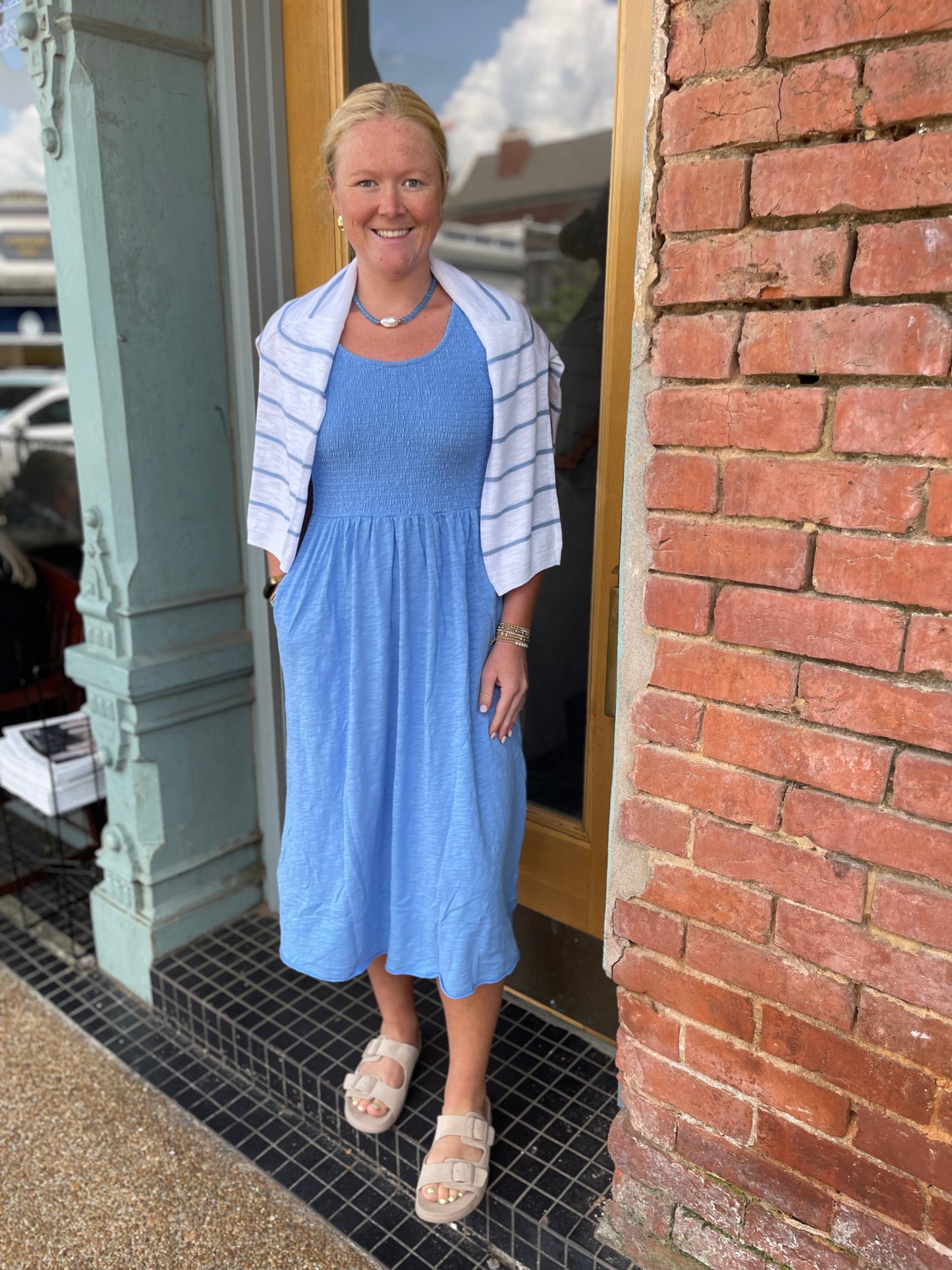 SMOCKED TANK MIDI DRESS OCEAN ABYSS