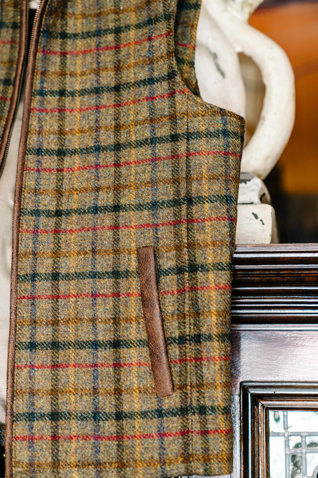 Hinton Plaid Wool Vest with Leather Detail