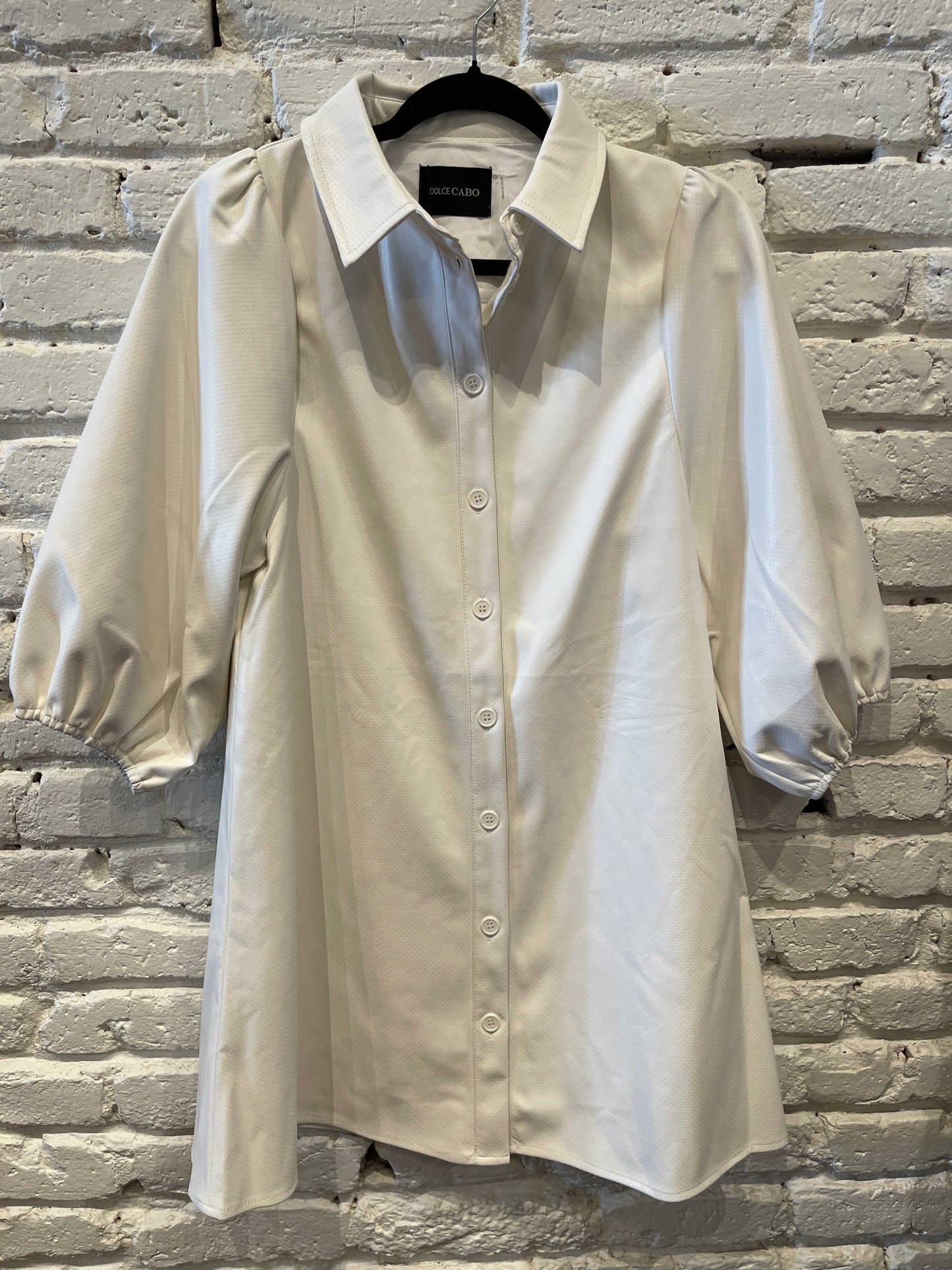 WHITE PERFORATED PUFF SLEEVE DRESS