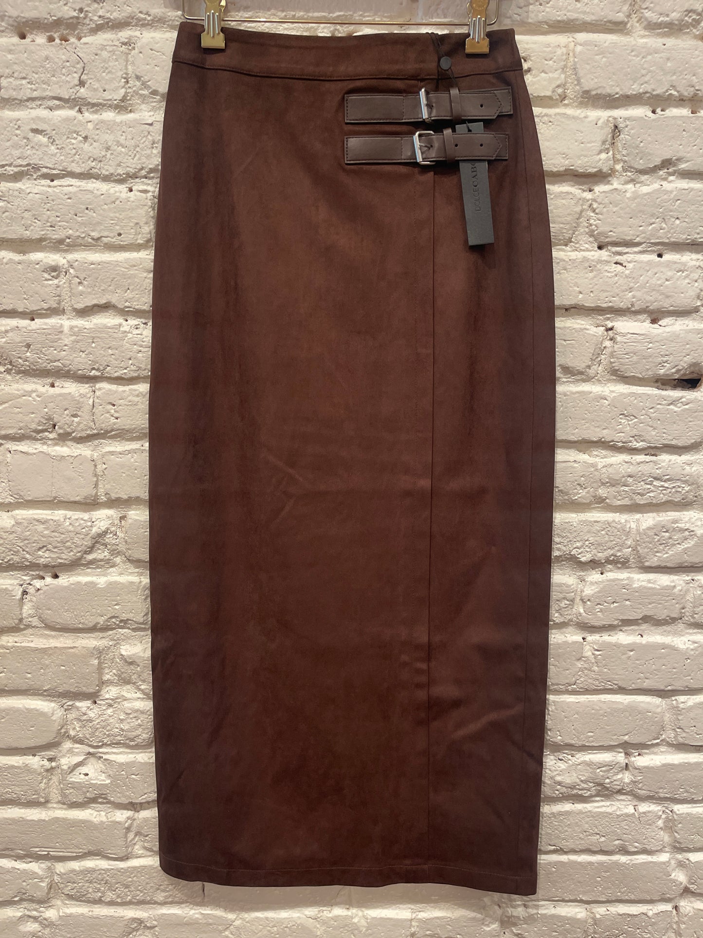 FAUX SUEDE BUCKLE SKIRT BROWN