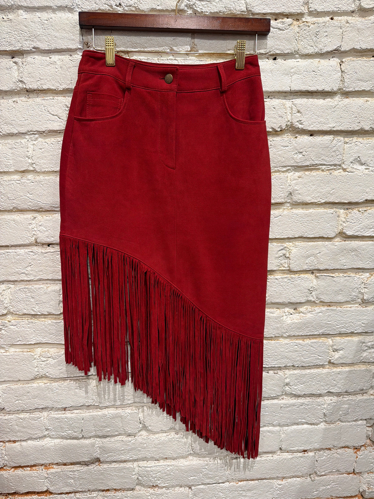 RED FRINGE SUEDE SKIRT