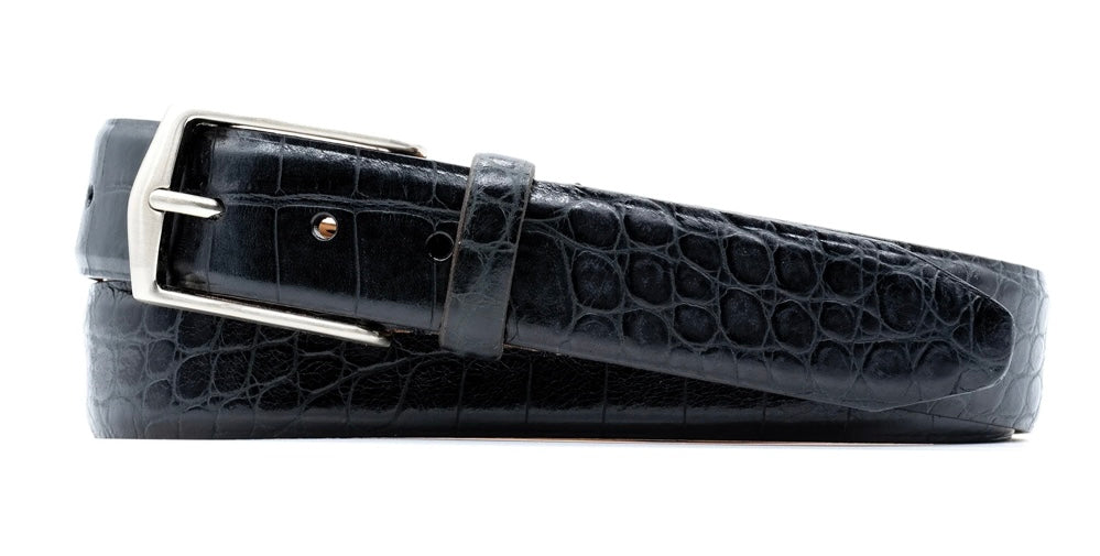 William 2 Buckle Alligator Grain Italian Calf Leather Belt (Black)