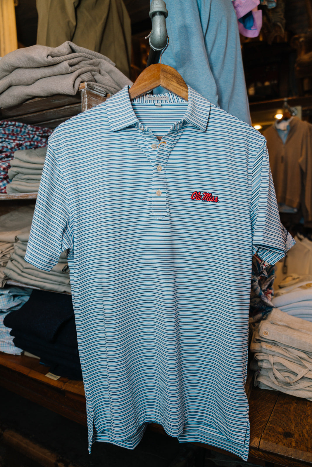 Powder & White Stripe Gameday Performance Polo