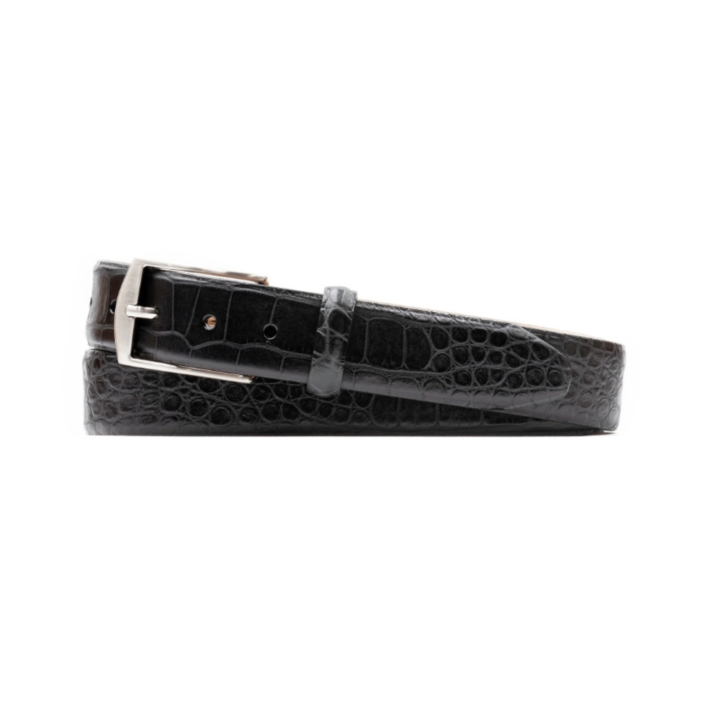 William 2 Buckle Alligator Grain Italian Calf Leather Belt (Black)