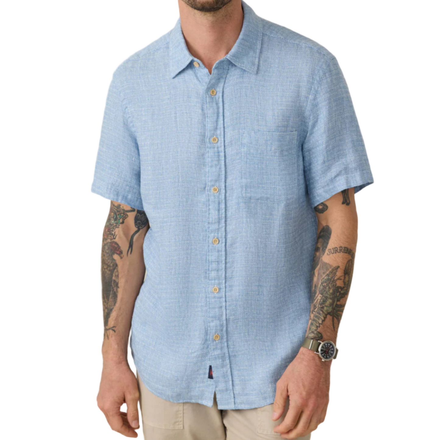 Short-Sleeve Palma Linen Shirt (Blue Basketweave)