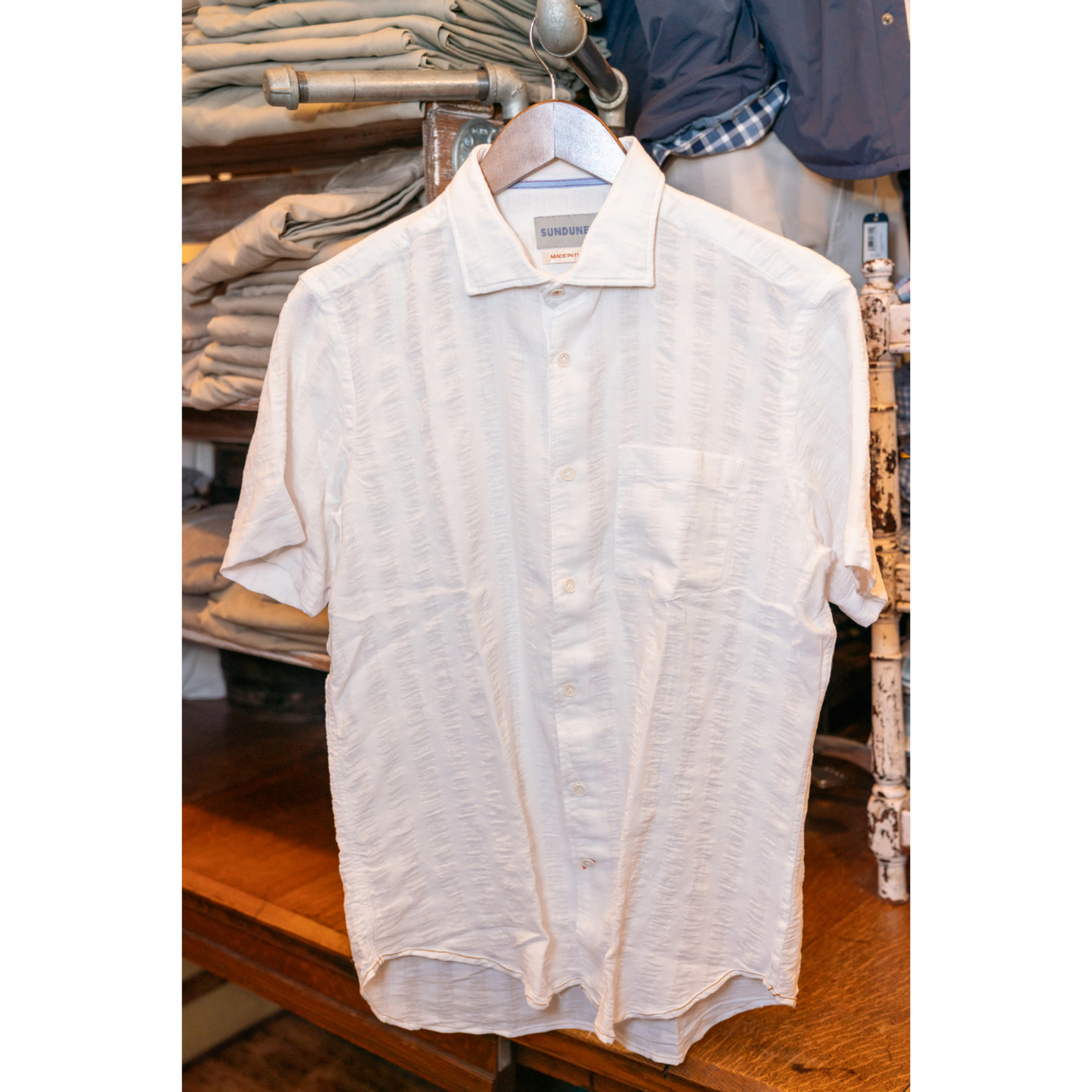 Sundunes Short Sleeve Linen Button Down (White Tonal Stripe)