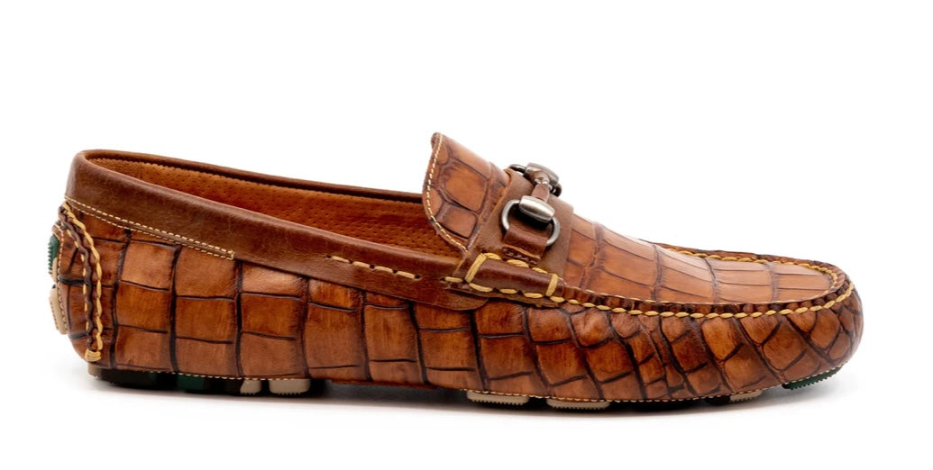 Monte Carlo Alligator Grain Horse Bit Driving Loafers (Chestnut)