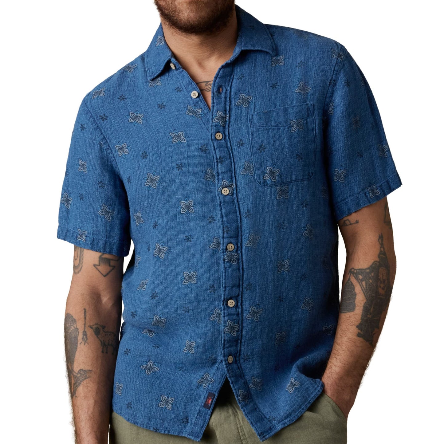 Short-Sleeve Palma Linen Shirt (Indigo Water Lilies)
