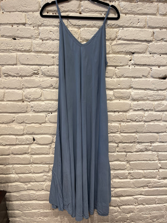 V NECK CAMI MAXI SLIP DRESS BLUE