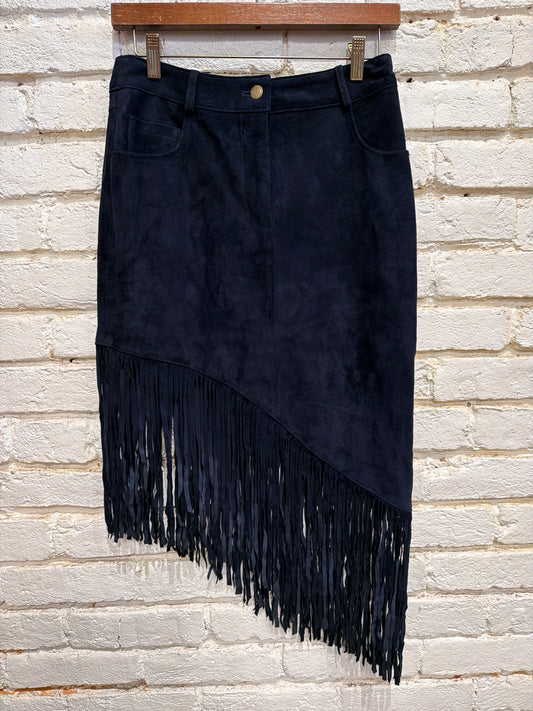 NAVY FRINGE SUEDE SKIRT