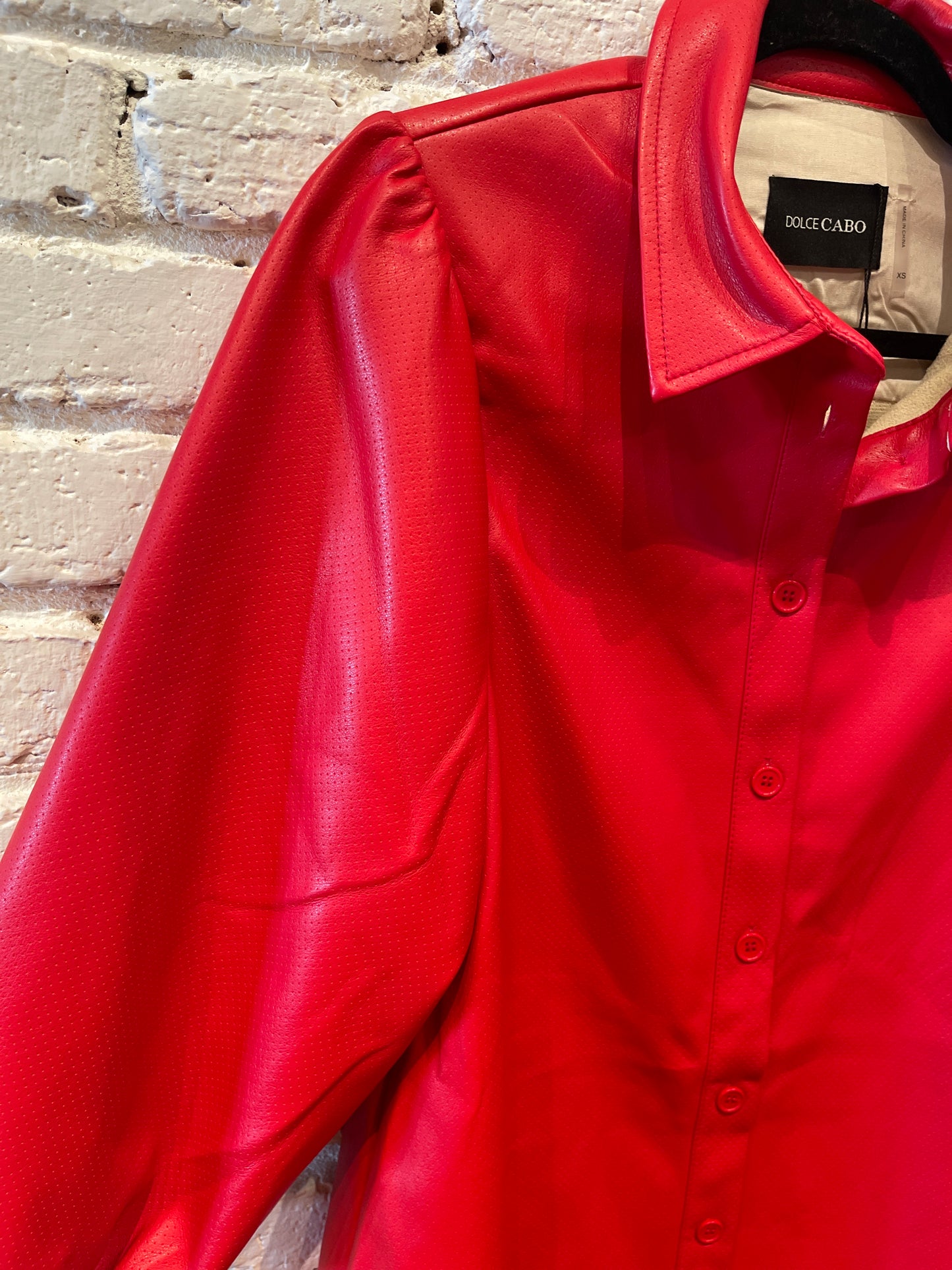 RED PERFORATED PUFF SLEEVE DRESS