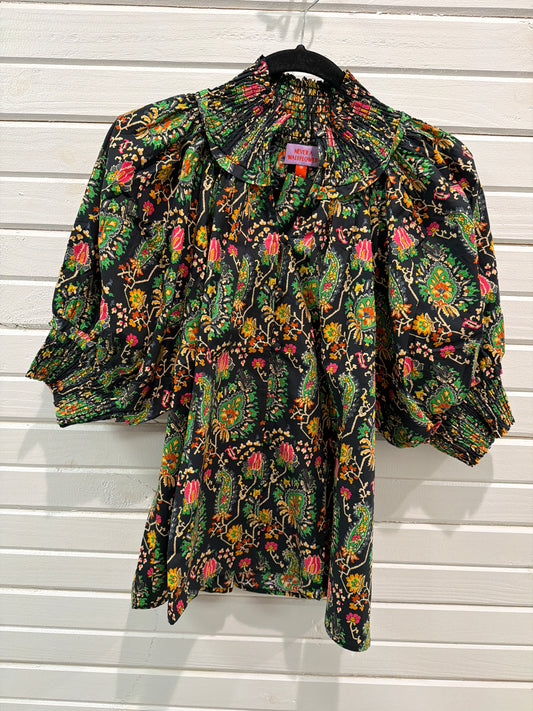 GATHERED NECK BUTTON DOWN BLACK PAISLEY