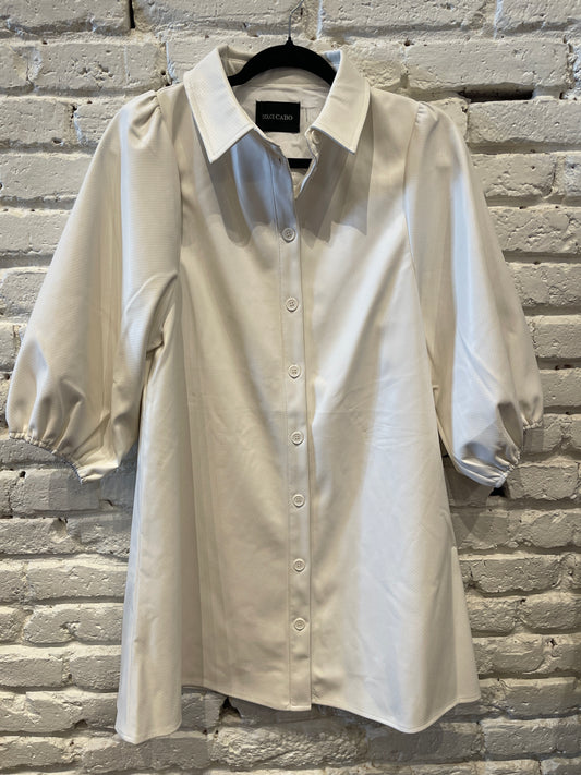 WHITE PERFORATED PUFF SLEEVE DRESS