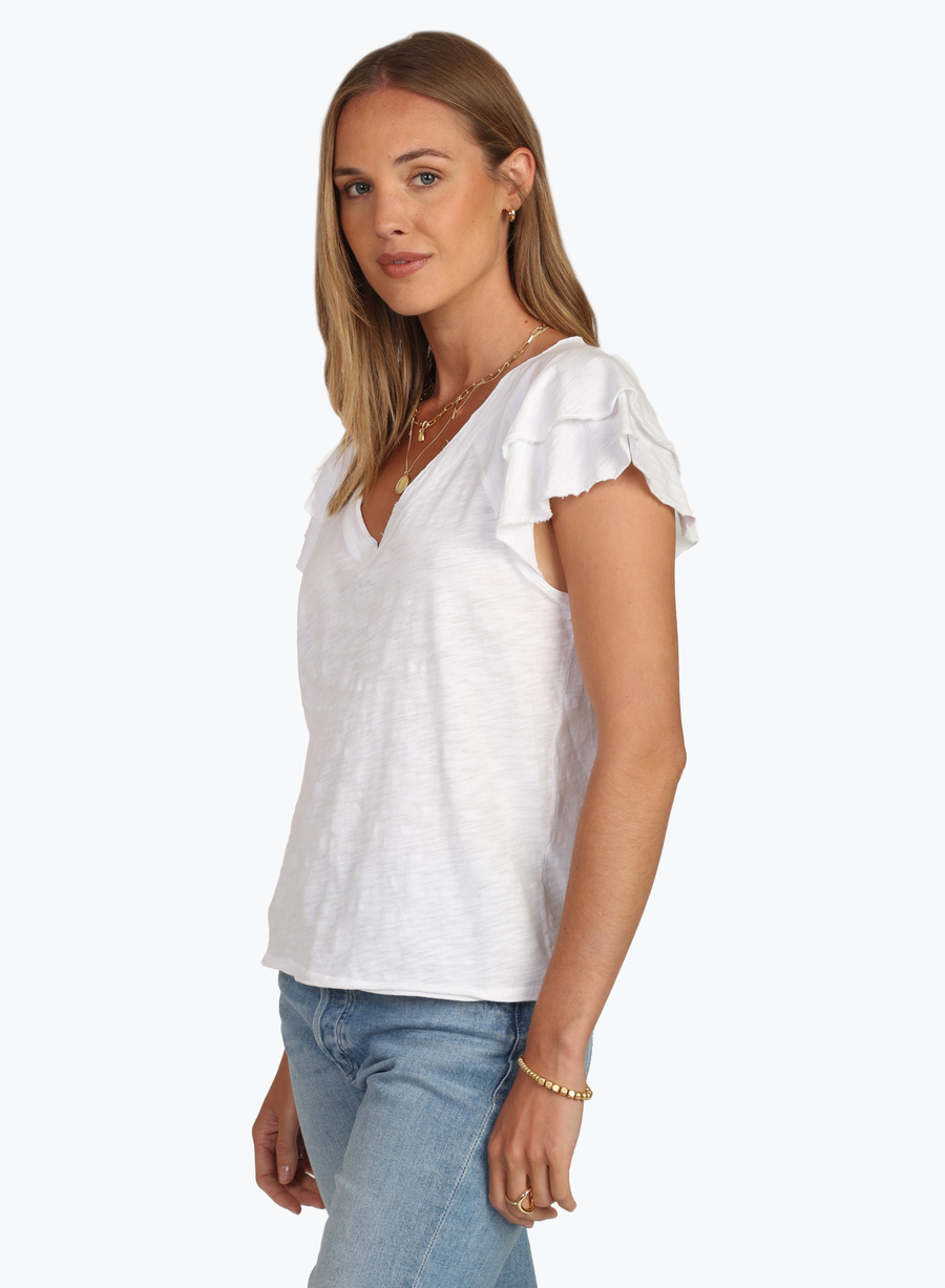 RUFFLE SLEEVE WHITE DEEP V-TOP