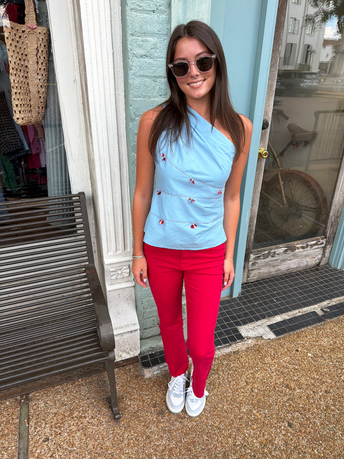 BLUE POPPY BEADED ONE SHOLDER TOP