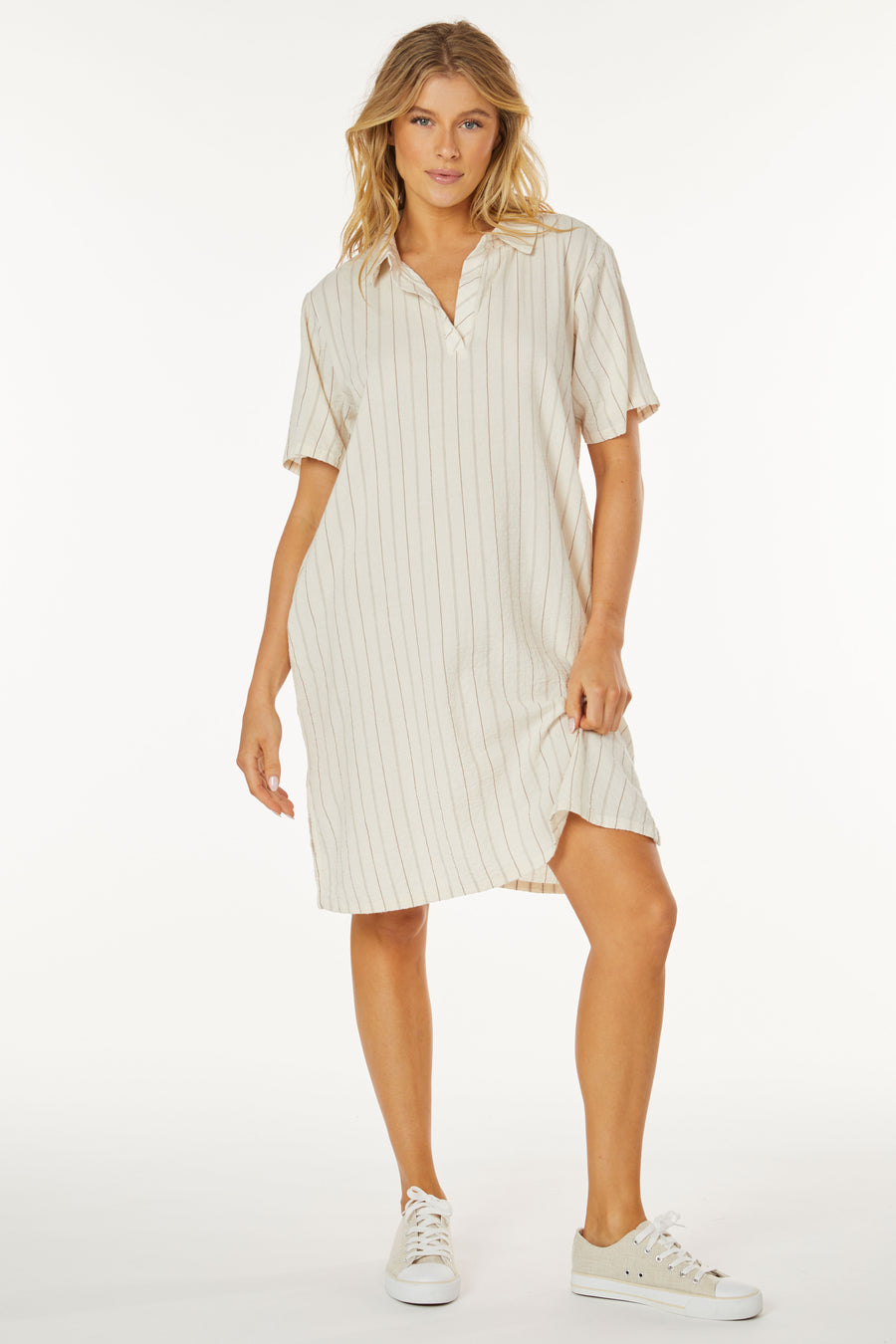 NATURAL STRIPE SS HENLEY SHIRT DRESS