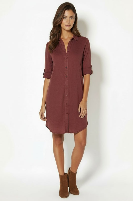 ROLL TAB SLV MIDI SHIRT DRESS