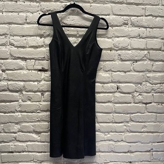 FAUX LEATHER V NECK BLACK DRESS