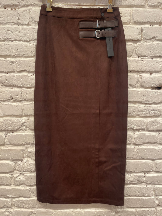 FAUX SUEDE BUCKLE SKIRT BROWN