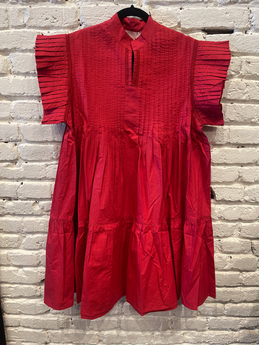 PLEATED POPLIN DRESS RED