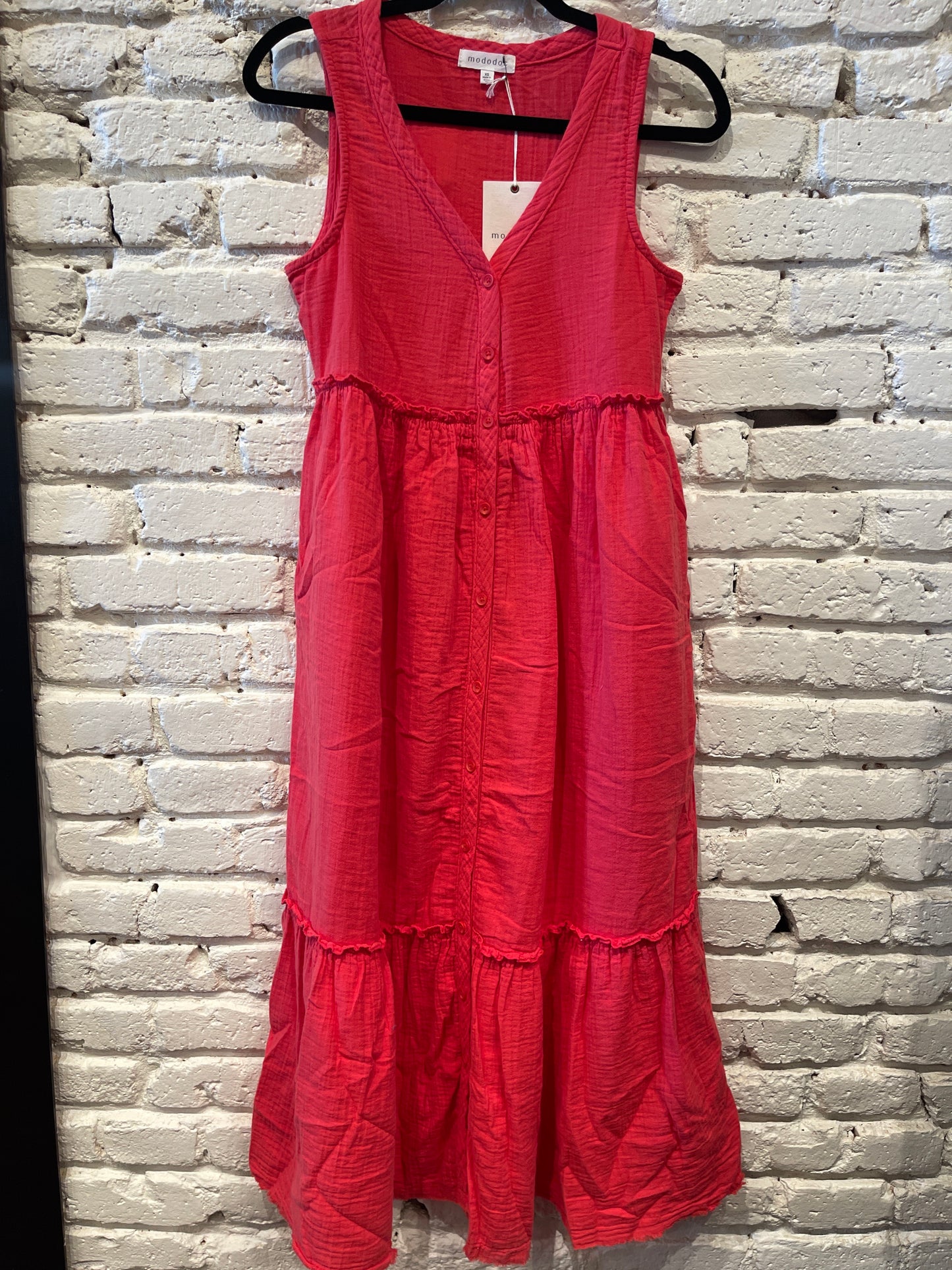 BUTTON FRONT TIERED MIDI DRESS