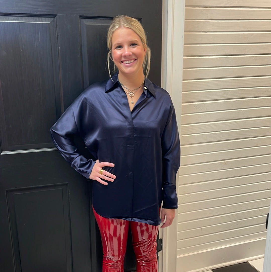 SILK COLLAR SHIRT LONG SLEEVE NAVY T2297S