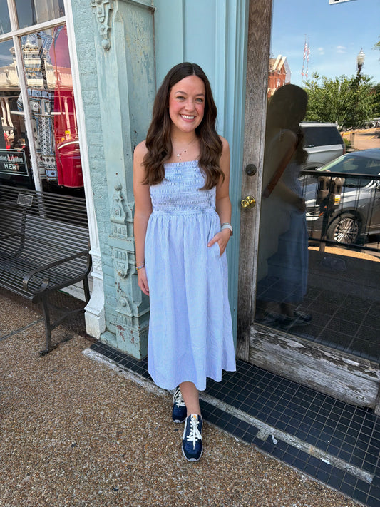 SMOCKED MIDI DRESS NAVY/WHITE