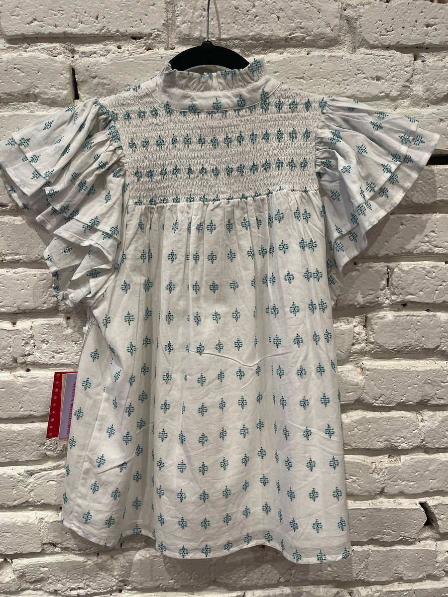 SMOCKED TOP GREEN CROSSHATCH
