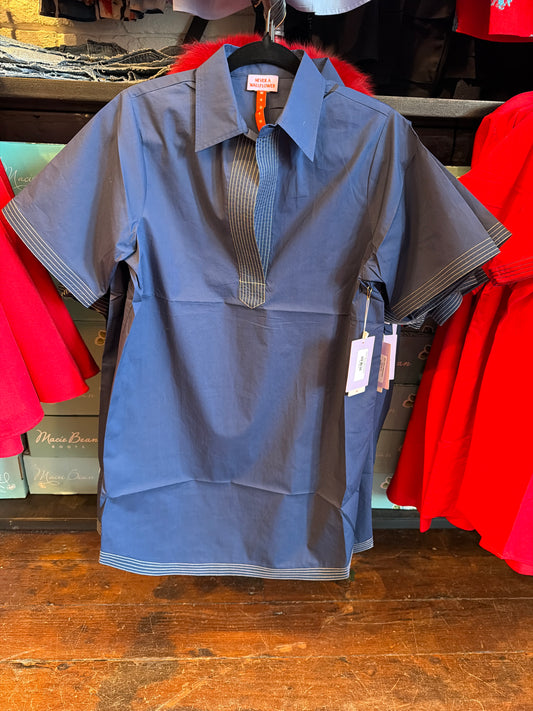 SPLIT NECK DRESS NAVY