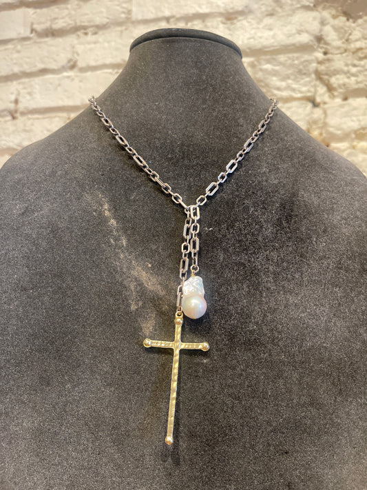 MULTI OVAL TWO DROP NECKLACE STUD CROSS & PEARL 1857CB