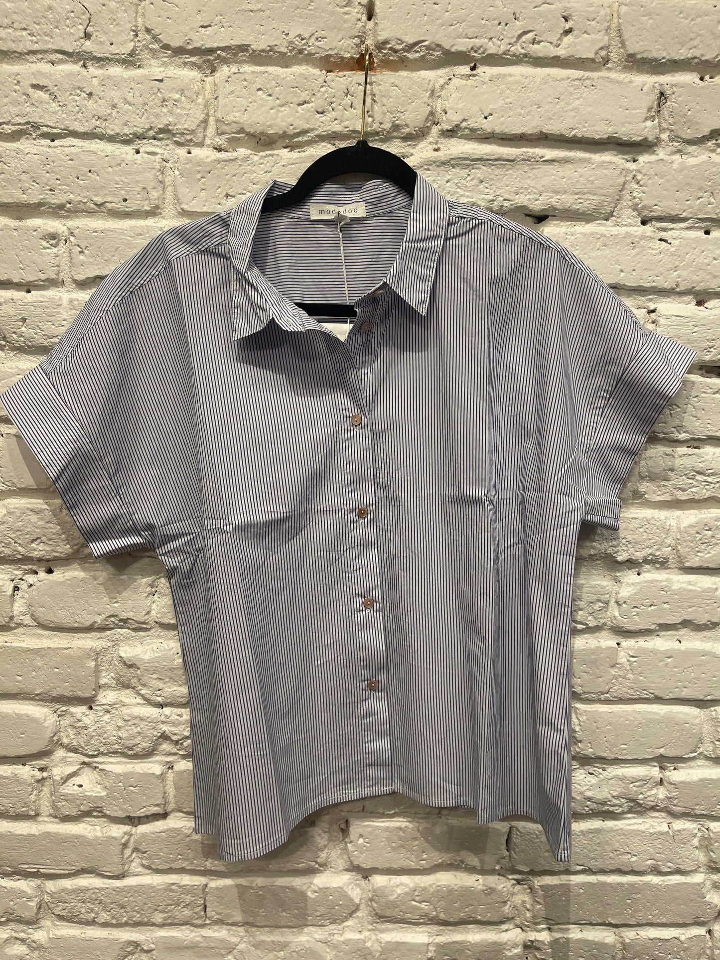 HALF SLV BUTTON FRONT TOP WHITE DENIM STRIPE