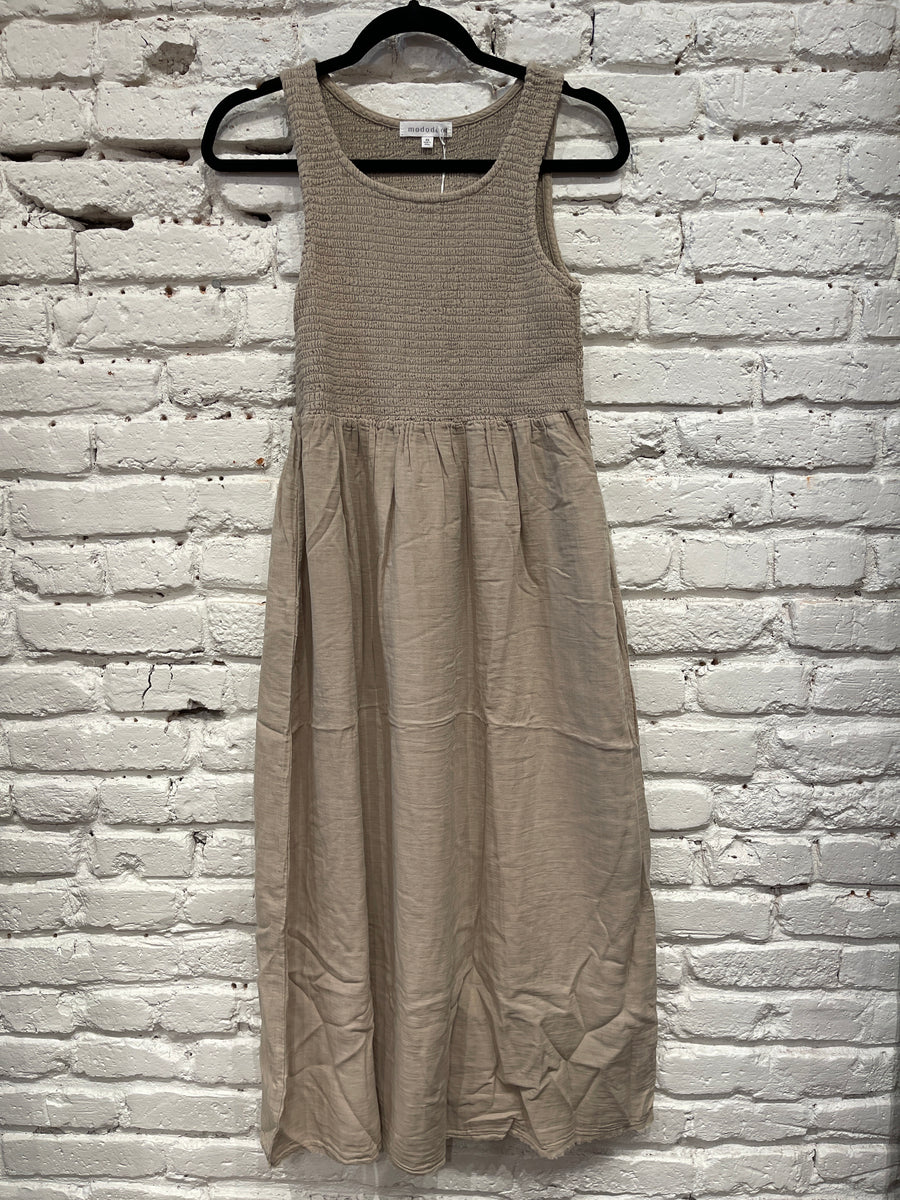 SMOCKED TANK MIDI DRESS SAND DOLLAR