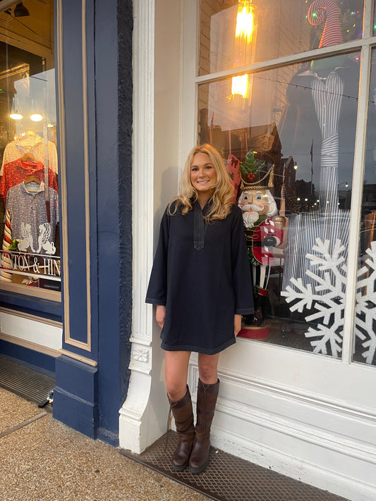 SPLIT NECK DRESS NAVY BOUCLE DRESS