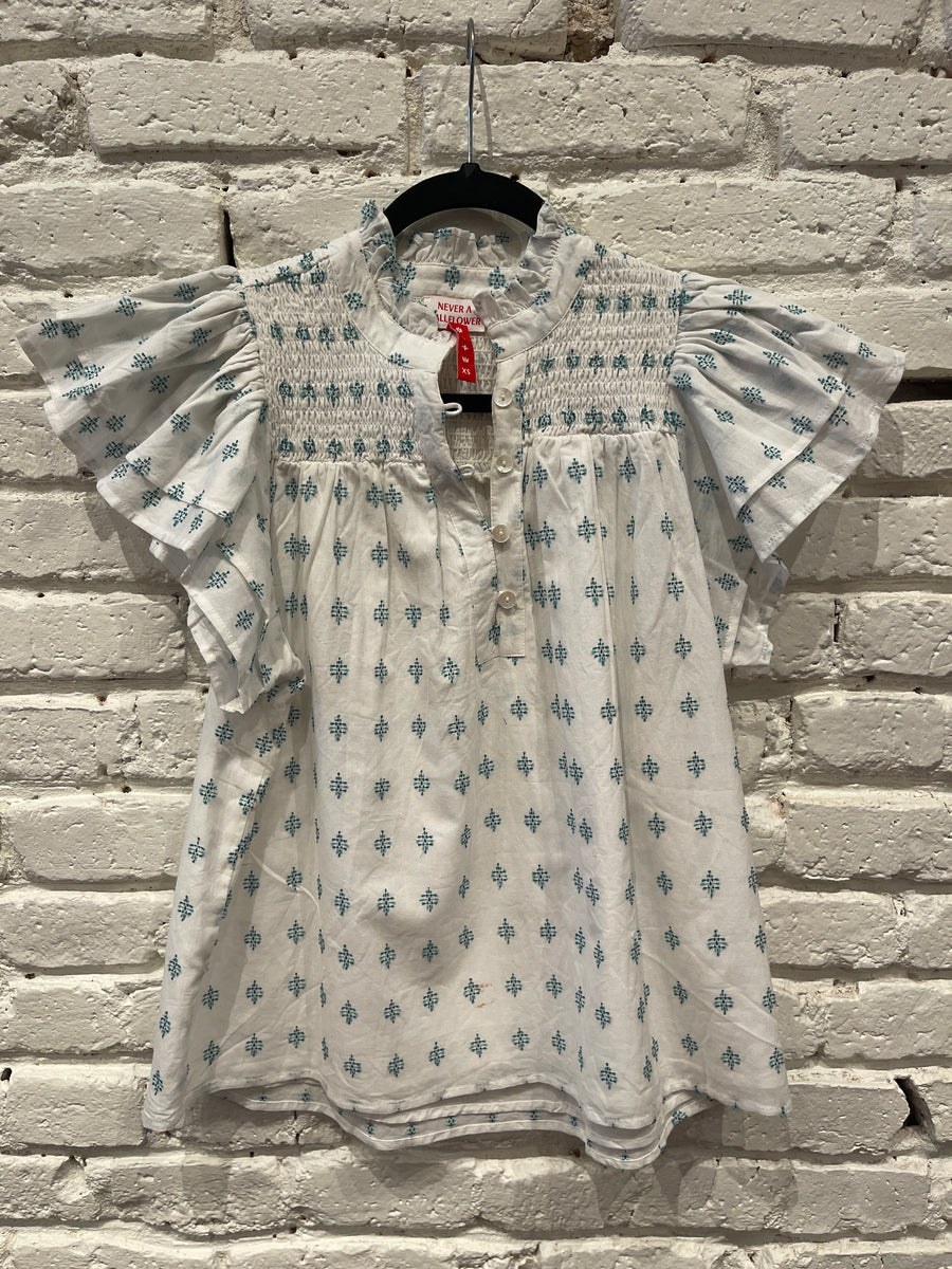SMOCKED TOP GREEN CROSSHATCH