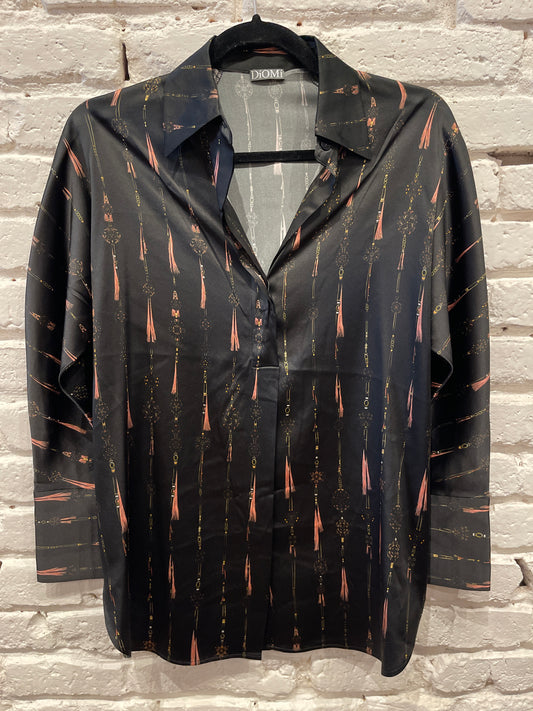 SILK COLLAR SHIRT LONG SLEEVE BLACK AND BRONZE PRINT T2297S