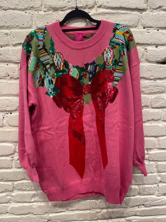 BRIGHT PINK WREATH SWEATER DRESS