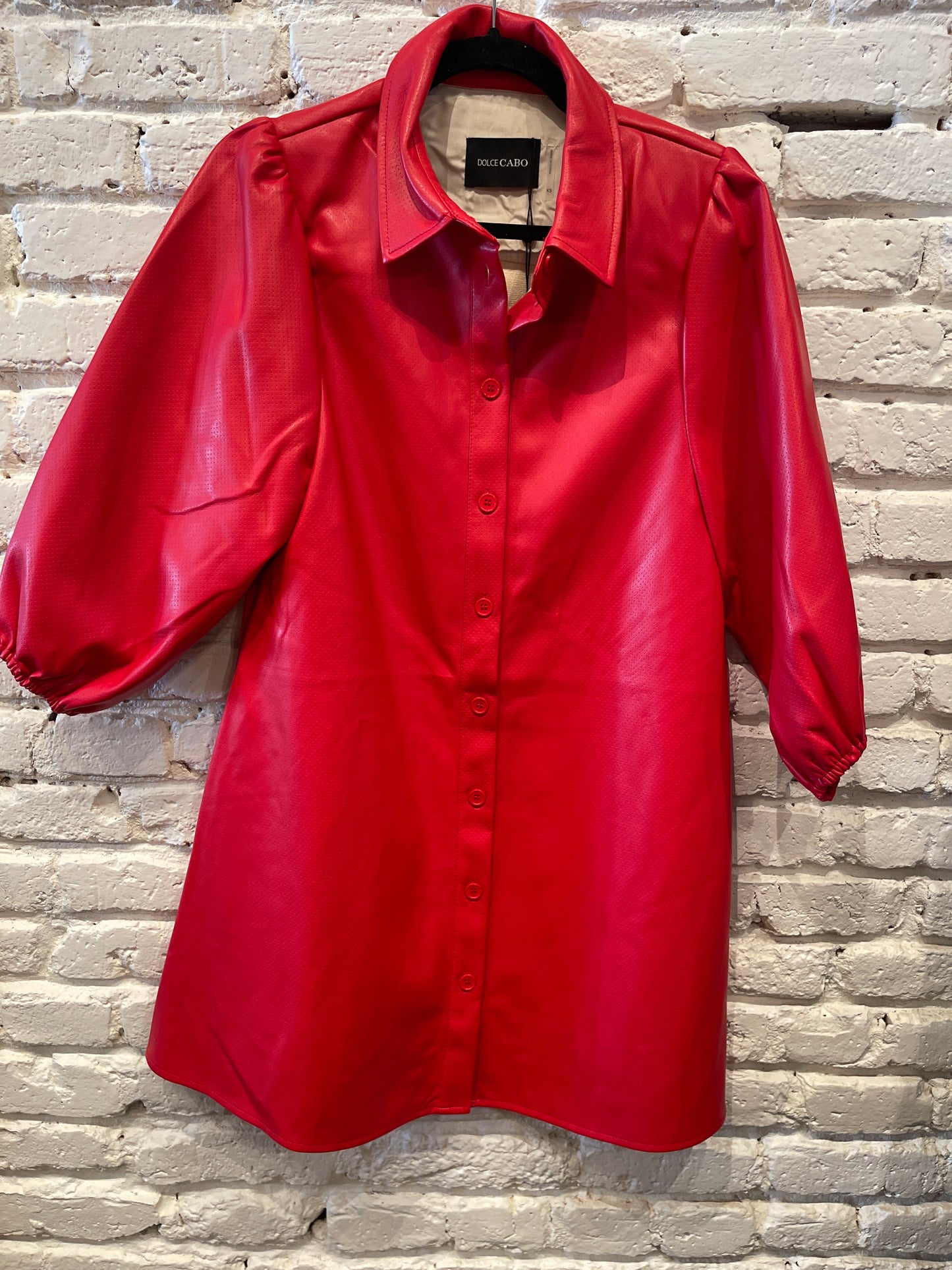 RED PERFORATED PUFF SLEEVE DRESS