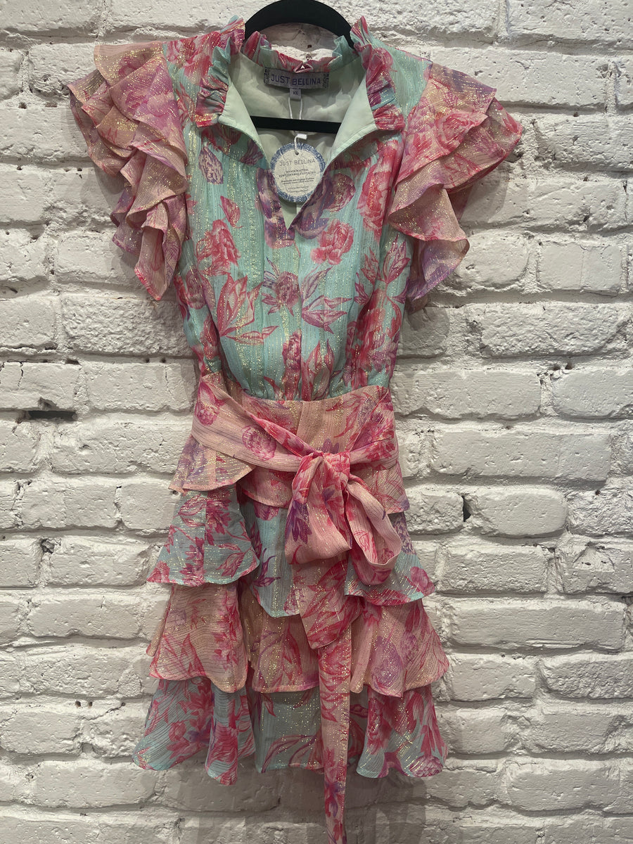 TAFFY FLORAL PINK AND BLUE RUFFLE DRESS