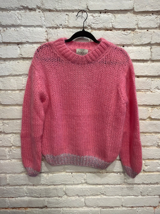 HAND KNIT PINK SILVER CONTRAST CREW