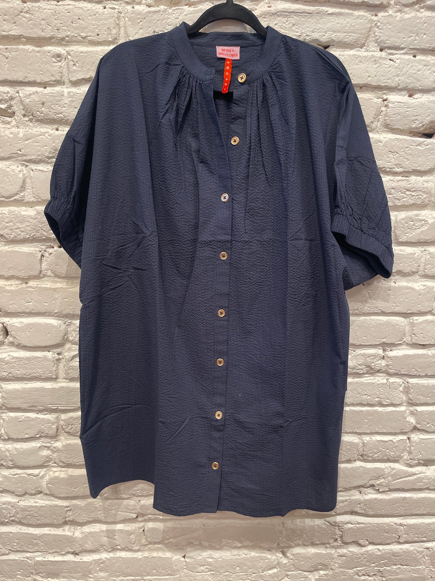 ELASTIC SLEEVE DRESS NAVY SERSUCKER