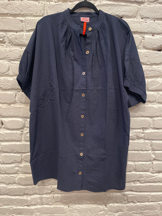 ELASTIC SLEEVE DRESS NAVY SERSUCKER