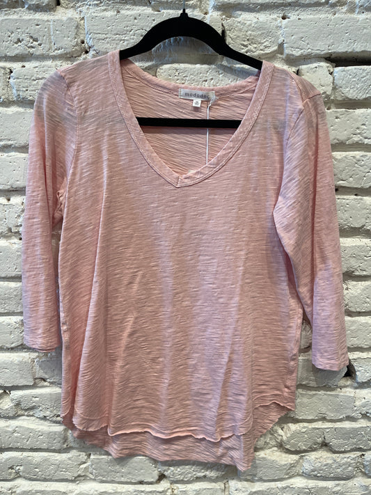 3/4 SLEEVE V-NECK TEE CURVE HEM MISTY ROSE