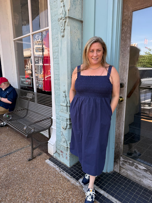 SMOCKED MIDI DRESS NAVY