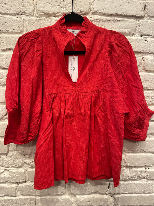RED SEERSUCKER HIGH NECK TOP
