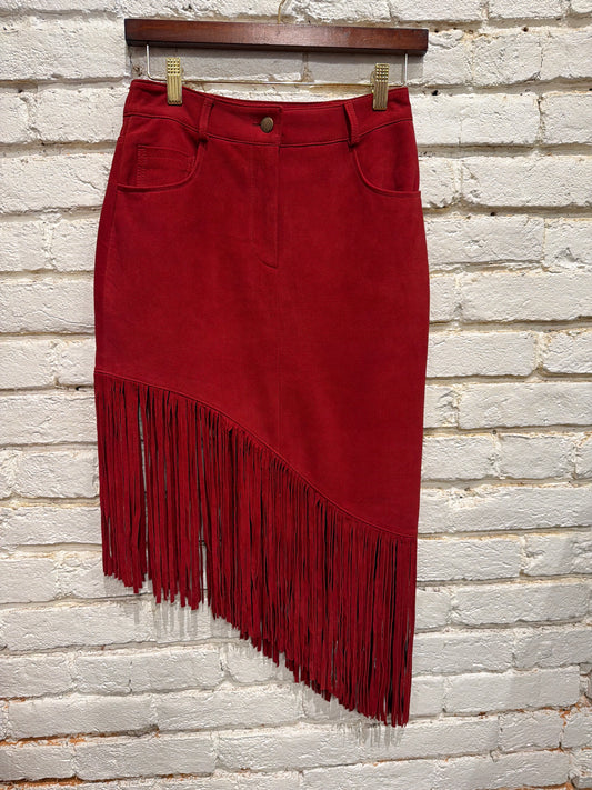 RED FRINGE SUEDE SKIRT