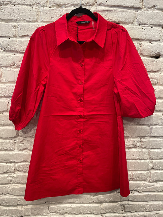 POPLIN EXAGGERATED SLEEVE DRESS RED