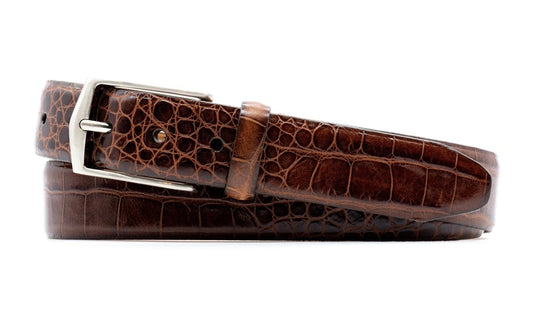 William 2 Buckle Alligator Grain Italian Calf Leather Belt (Brown)