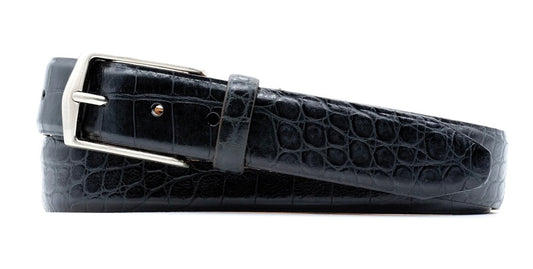 William 2 Buckle Alligator Grain Italian Calf Leather Belt (Black)