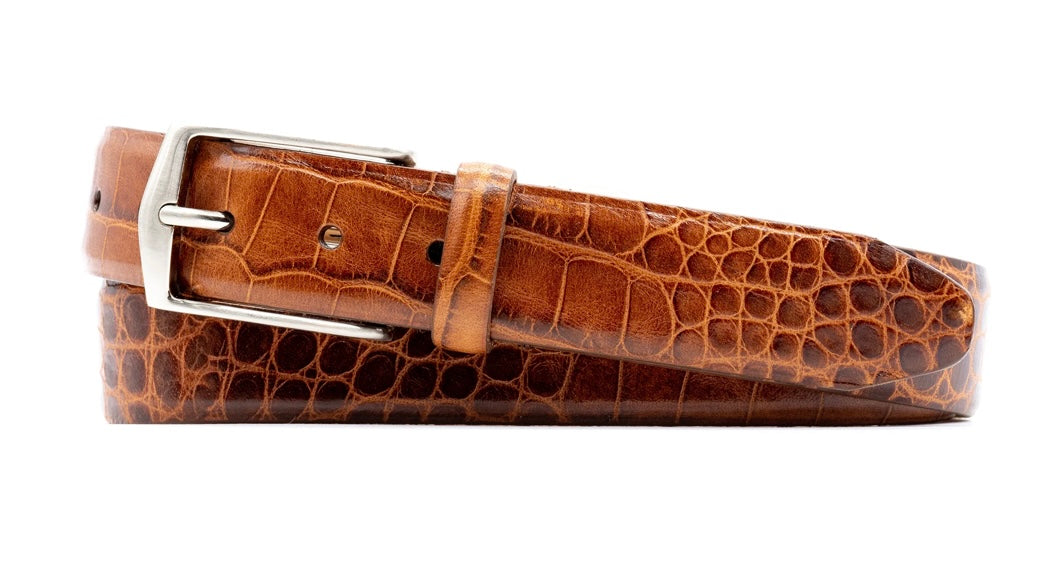 William 2 Buckle Alligator Grain Italian Calf Leather Belt (Chestnut)