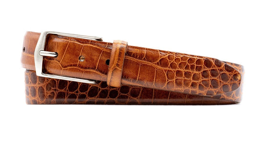 William 2 Buckle Alligator Grain Italian Calf Leather Belt (Chestnut)